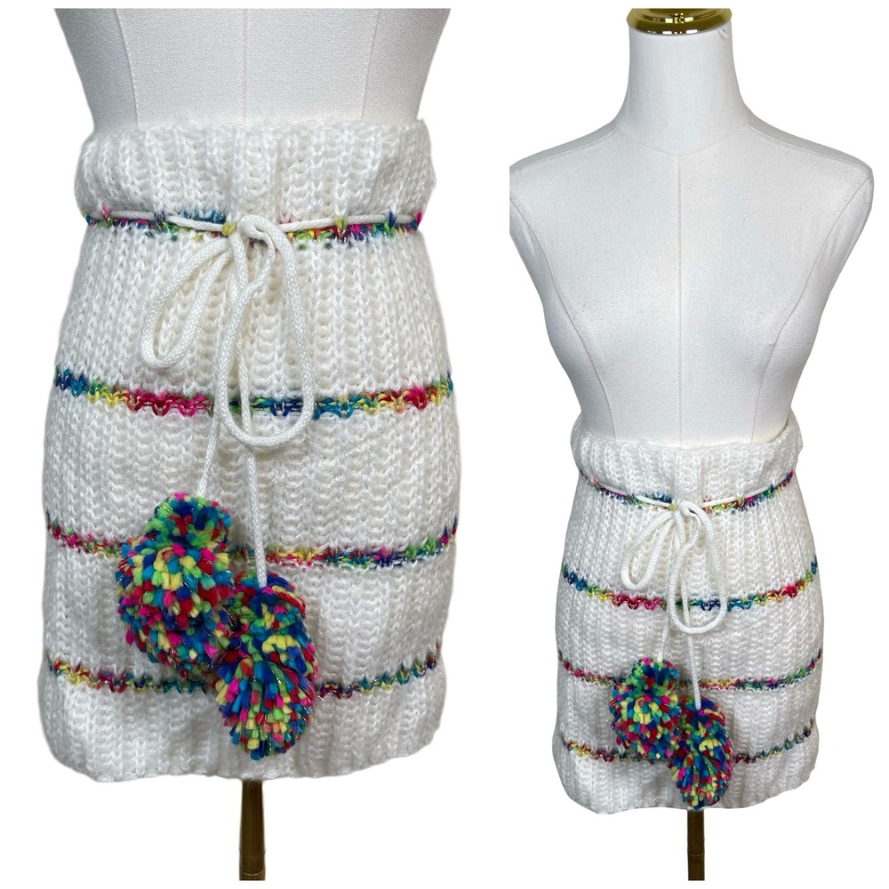 Vintage Betsey Johnson Knit Mini Skirt Women OS White Rainbow Pom Pom Y2K